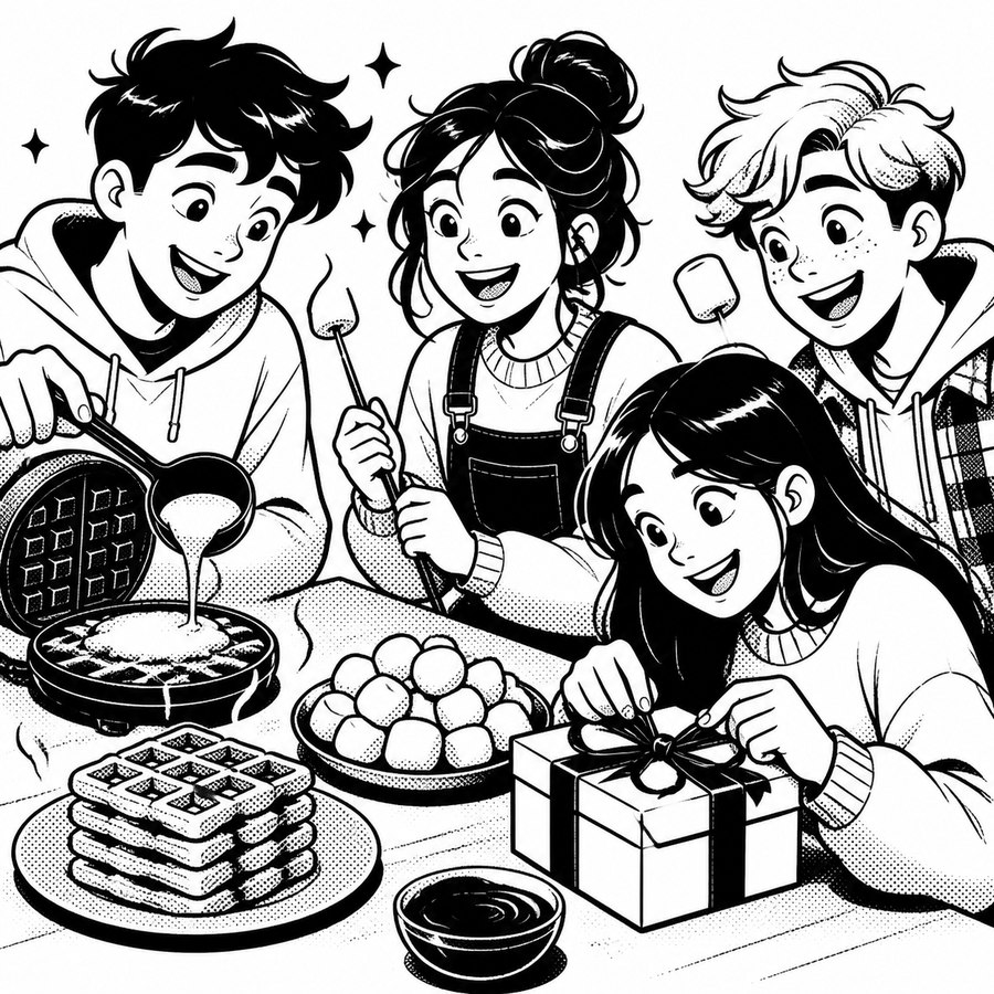 와플과 마시멜로 간식을 만들어 포장하는 모습