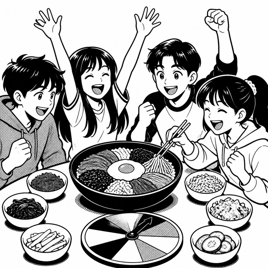 비빔밥 재료 게임을 하는 모습